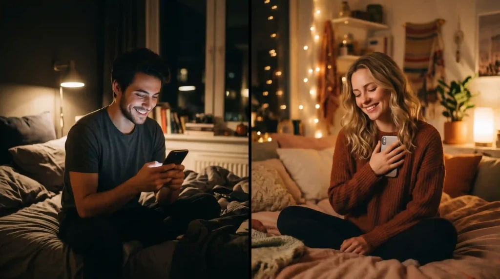 romantic i miss you message for her long distance couple texting and smiling
