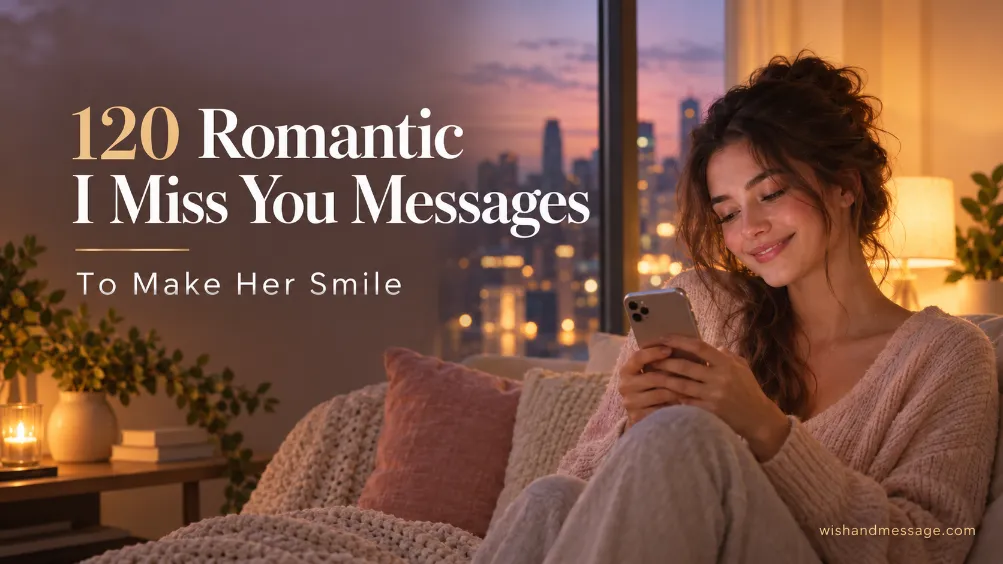 Woman smiling at a romantic I miss you message on her phone at dusk