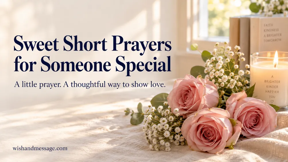 Pink roses and a glowing candle beside Sweet Short Prayers for Someone Special text