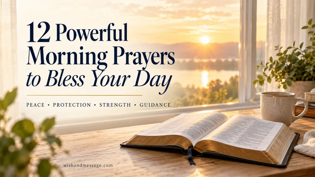 Open Bible in warm sunrise light with text 12 Powerful Morning Prayers to Bless Your Day