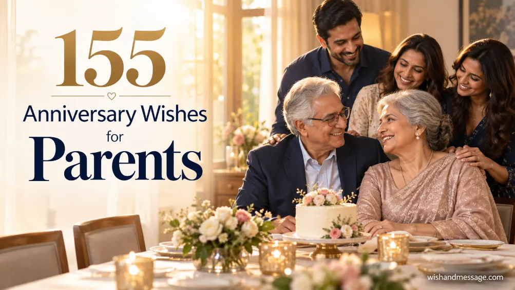 Parents celebrating their wedding anniversary with adult children beside the text 155 Anniversary Wishes for Parents