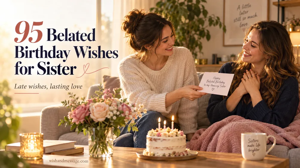 Two sisters sharing a heartfelt belated birthday card with cake and flowers