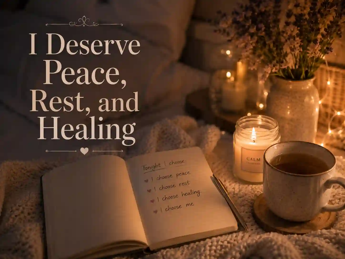 Bedtime affirmations journal with candlelight representing self-love healing and positive nighttime thoughts