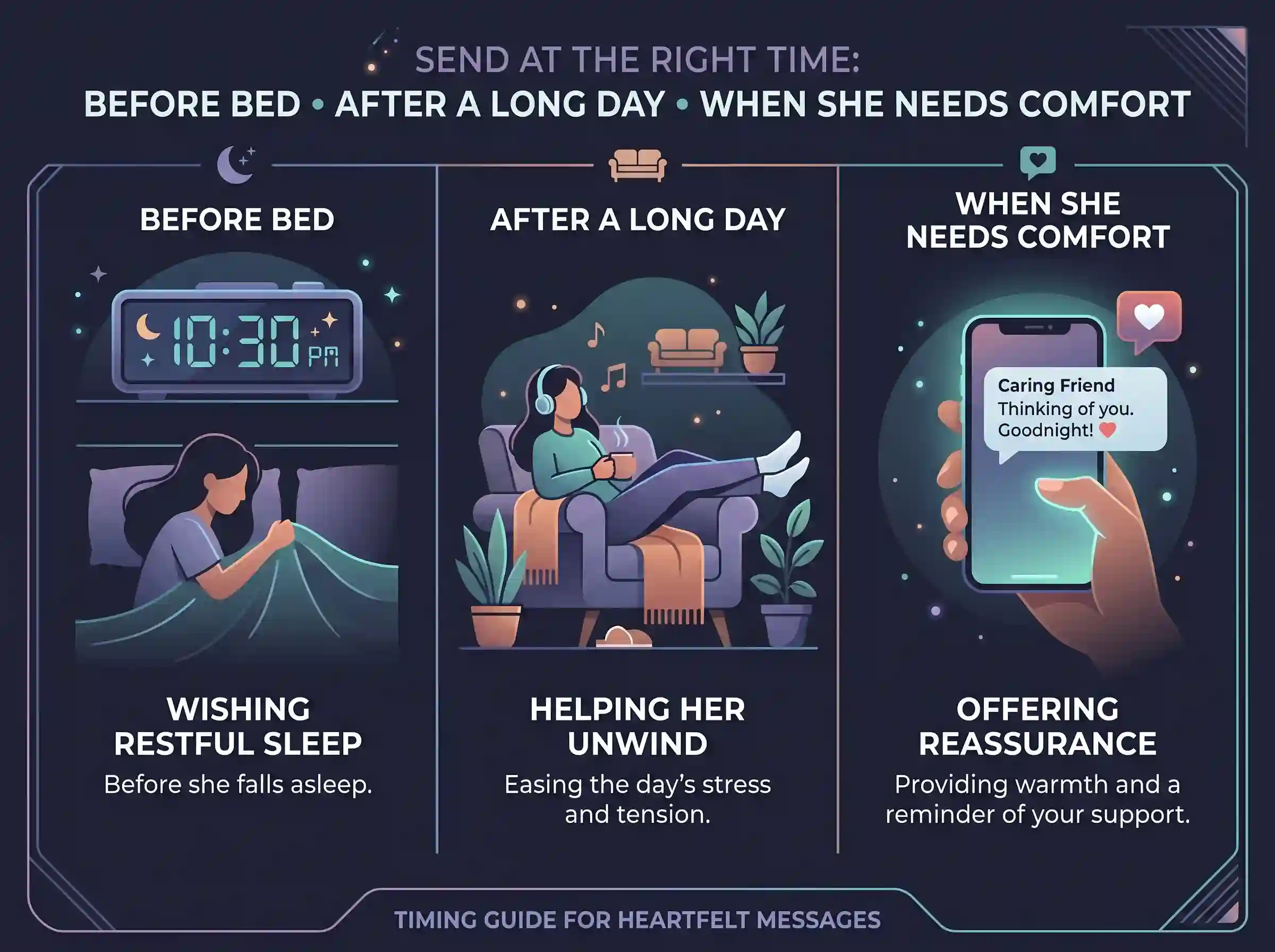 Best time to send good night message to a female friend including bedtime and emotional moments