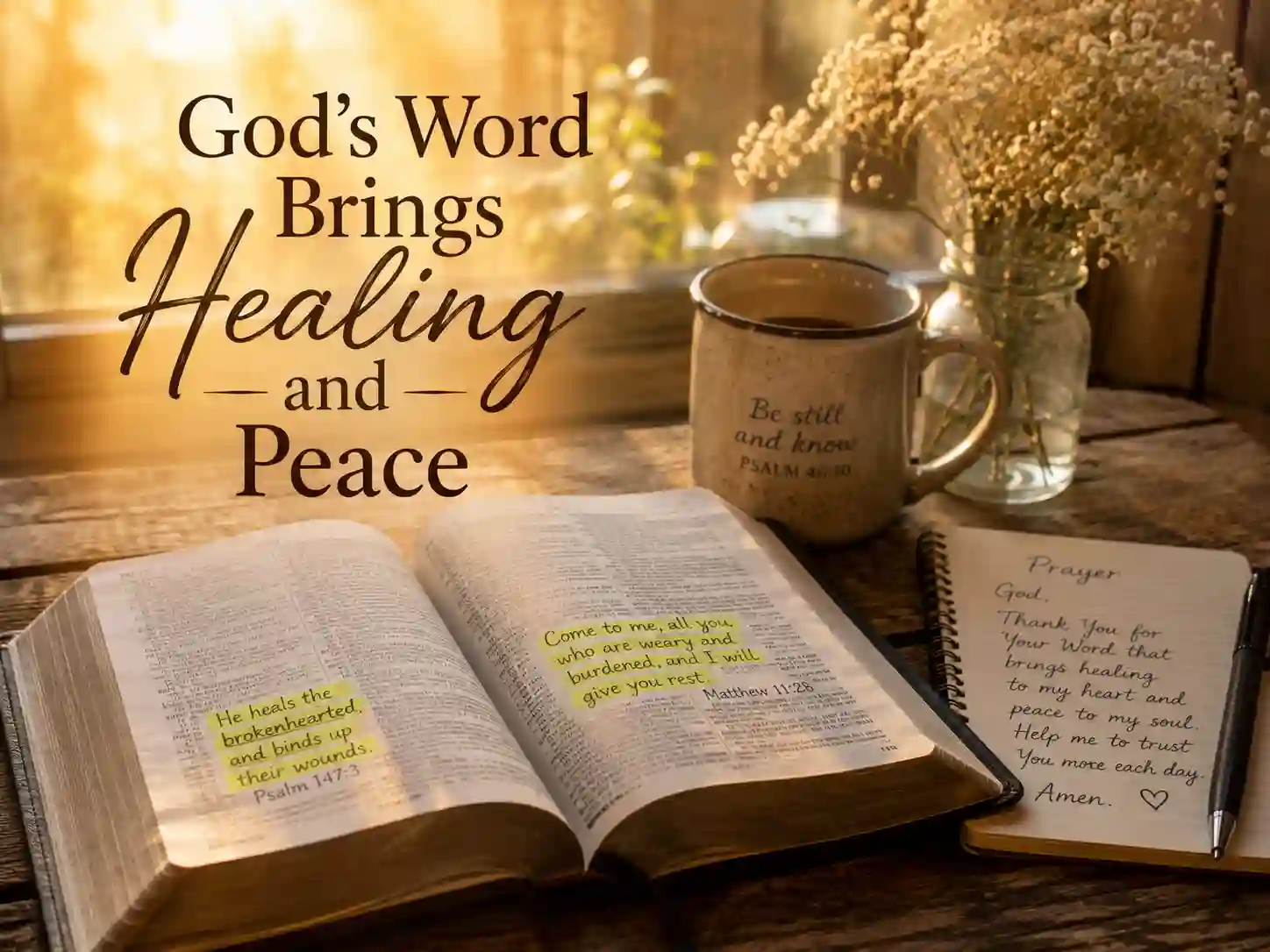 Open Bible displaying verses about forgiveness, peace, and emotional healing