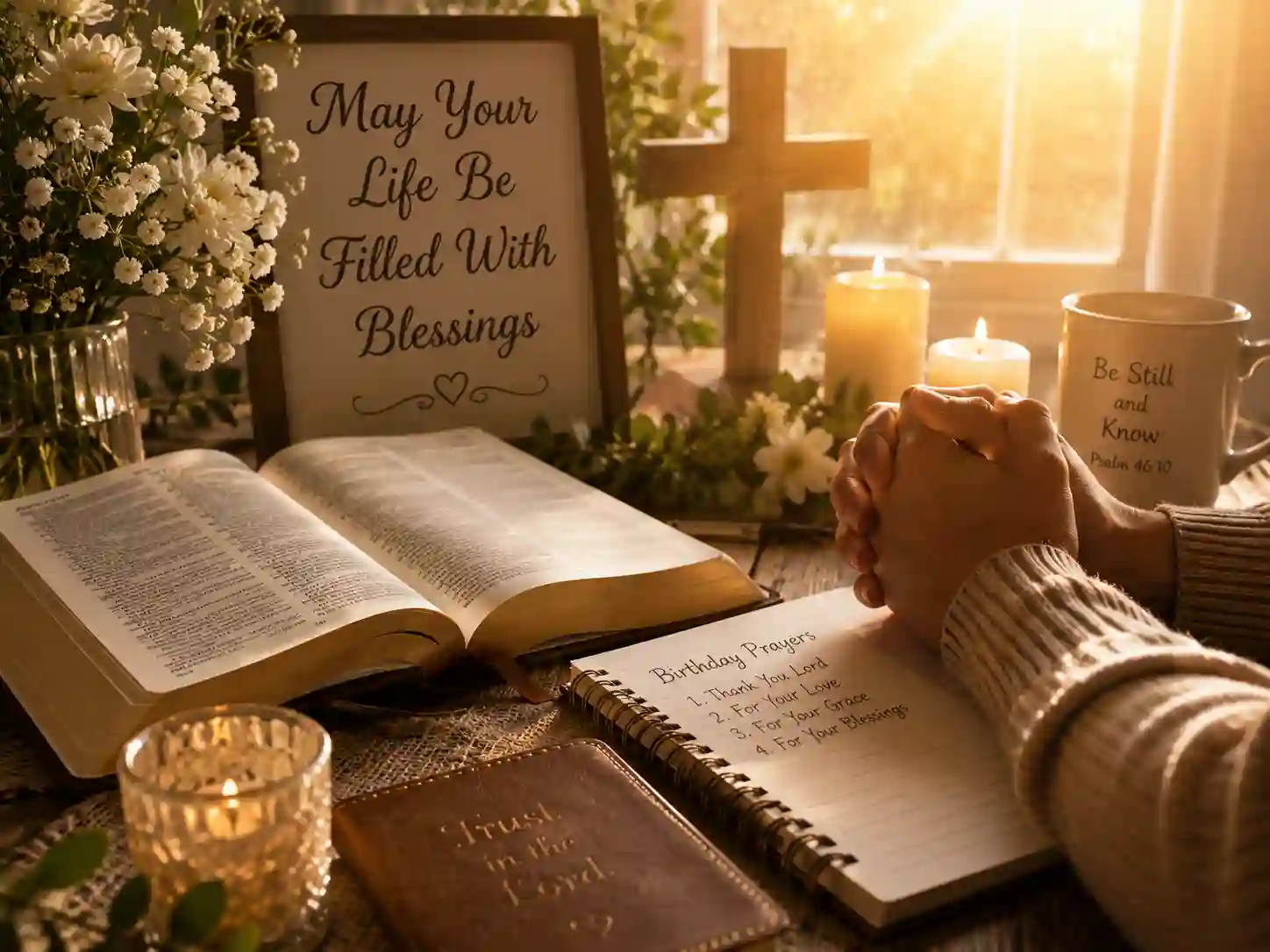 Spiritual birthday blessings and prayers for loved ones with peaceful prayer setup