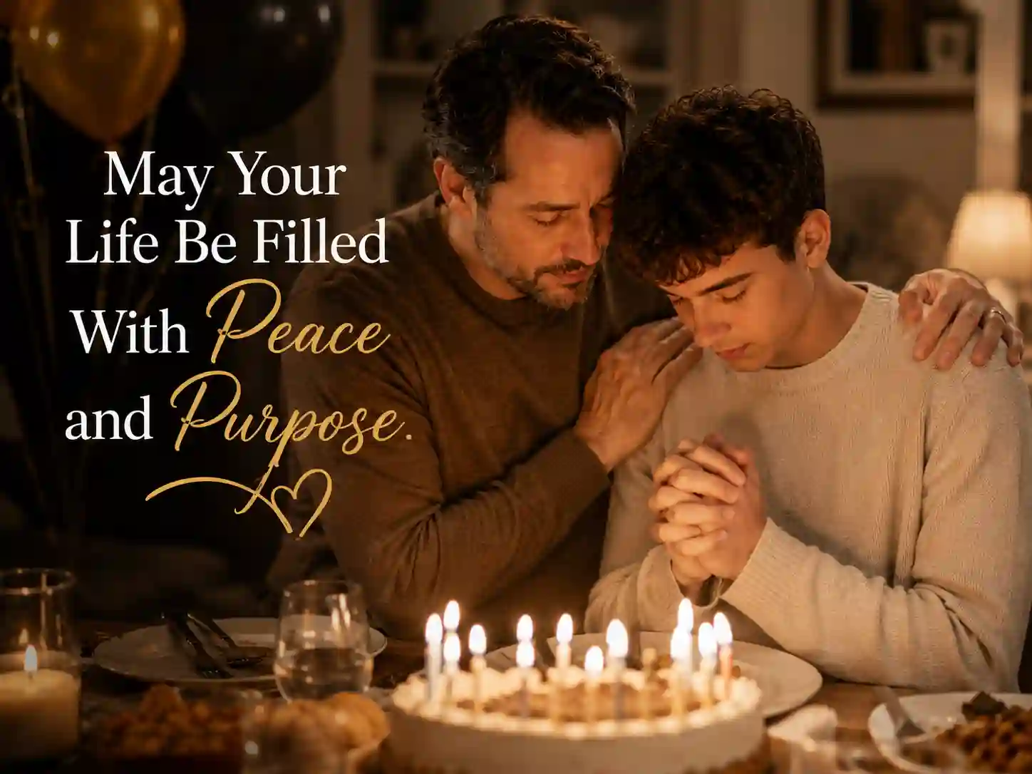 Parent praying for son during peaceful birthday celebration with candles and warm lighting