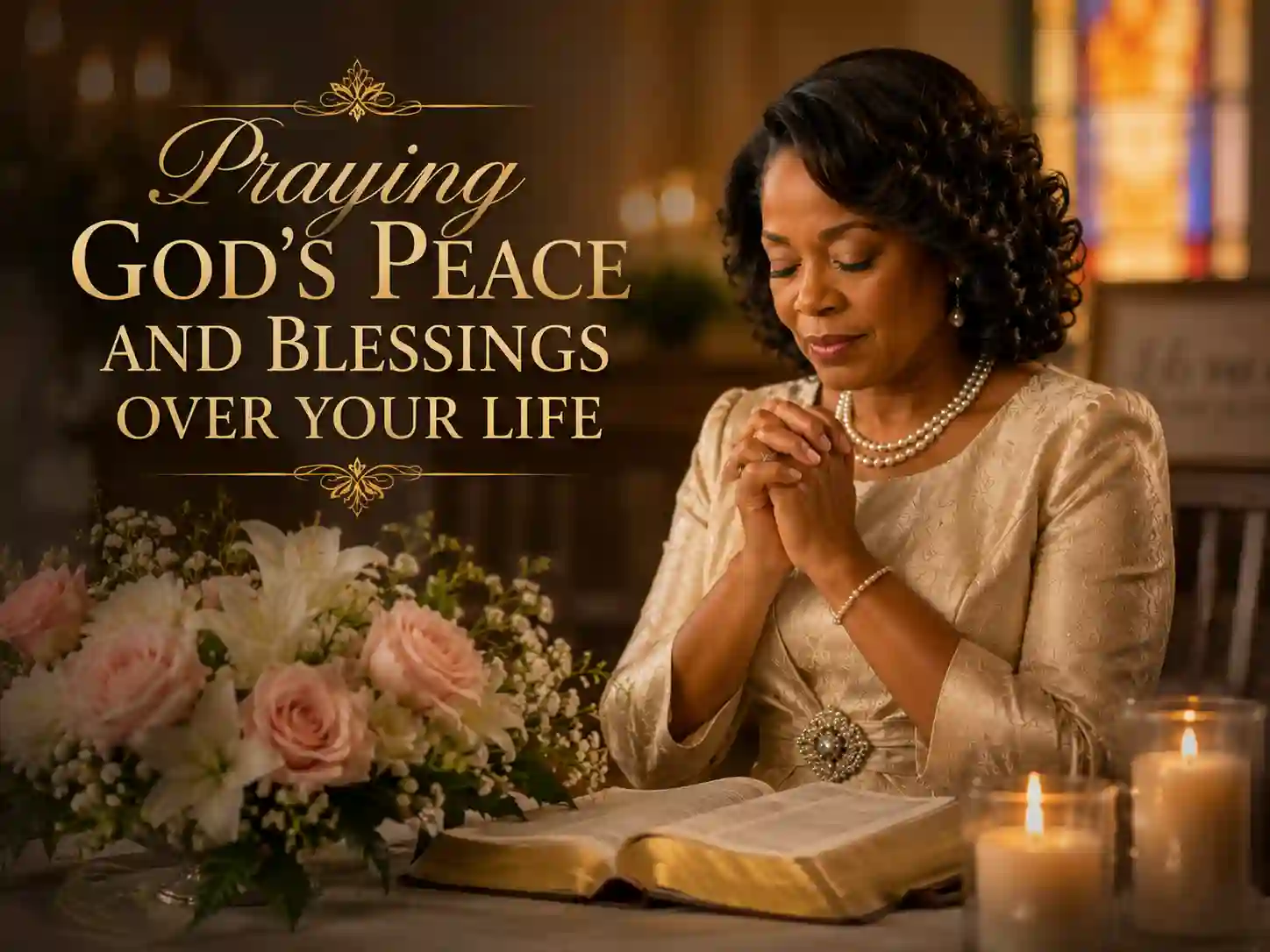 Spiritual birthday prayer scene for pastor’s wife with Bible and flowers