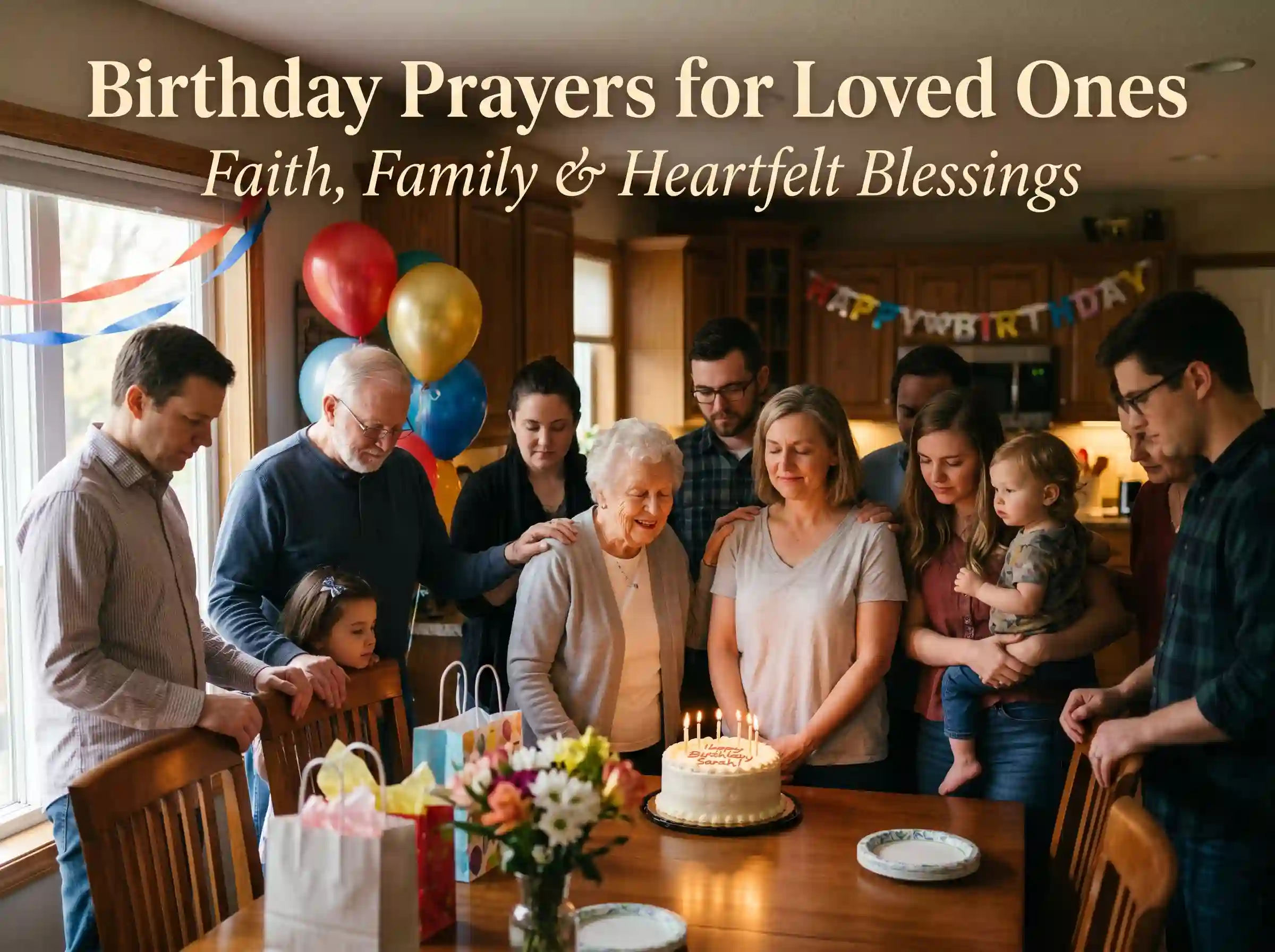 Family and friends praying together during birthday celebration