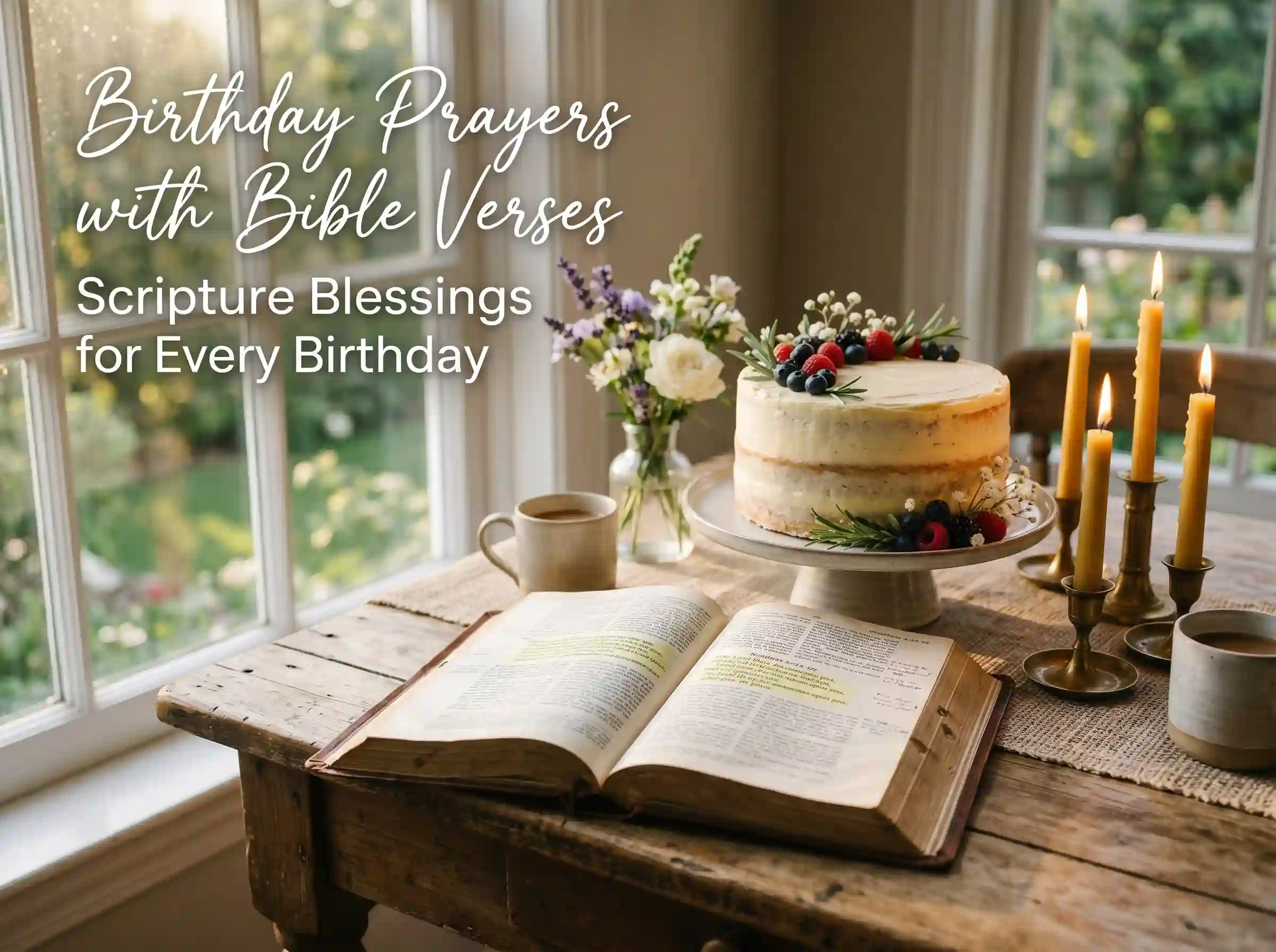 Bible verses for birthdays with open scripture and birthday candles