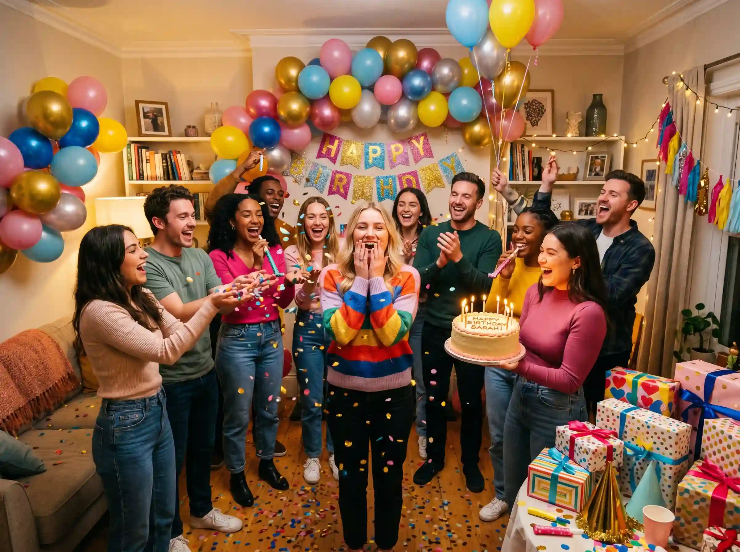 Surprise birthday celebration with gifts and decorations