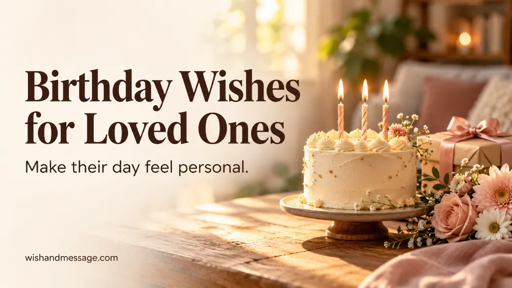 Birthday cake with lit candles beside a gift and flowers, with the words Birthday Wishes for Loved Ones.