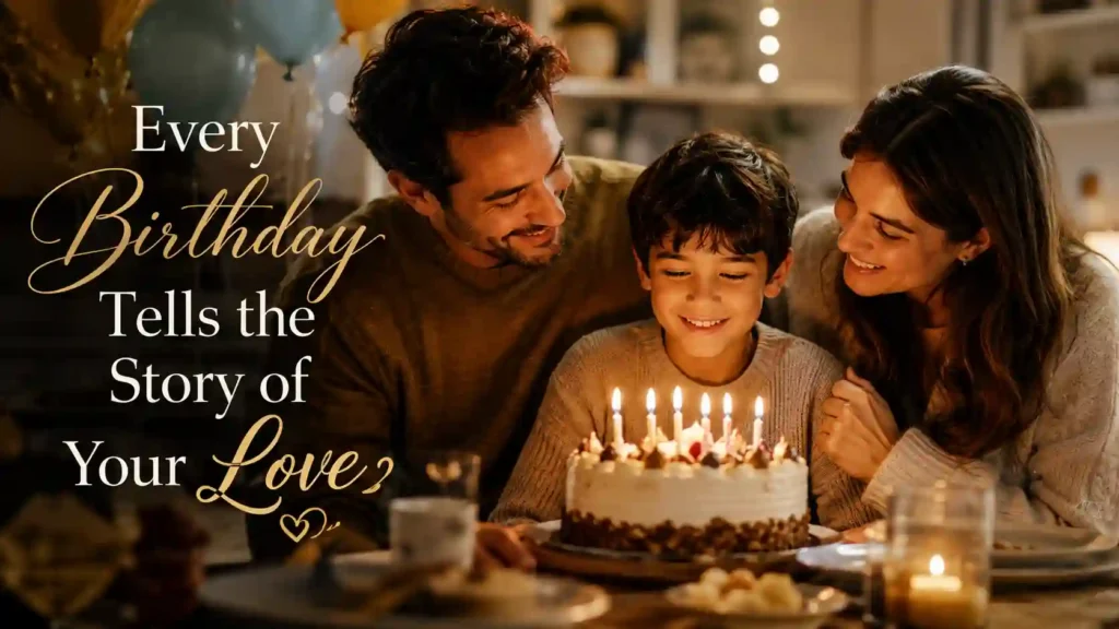 Mother and father celebrating their son’s birthday with emotional family moment and birthday cake