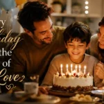 Mother and father celebrating their son’s birthday with emotional family moment and birthday cake