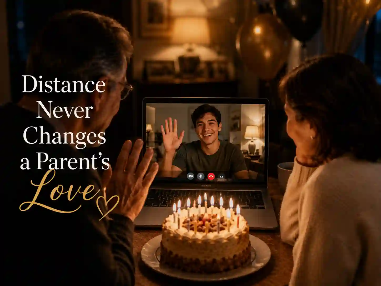 Emotional long-distance birthday video call between parents and son living far away