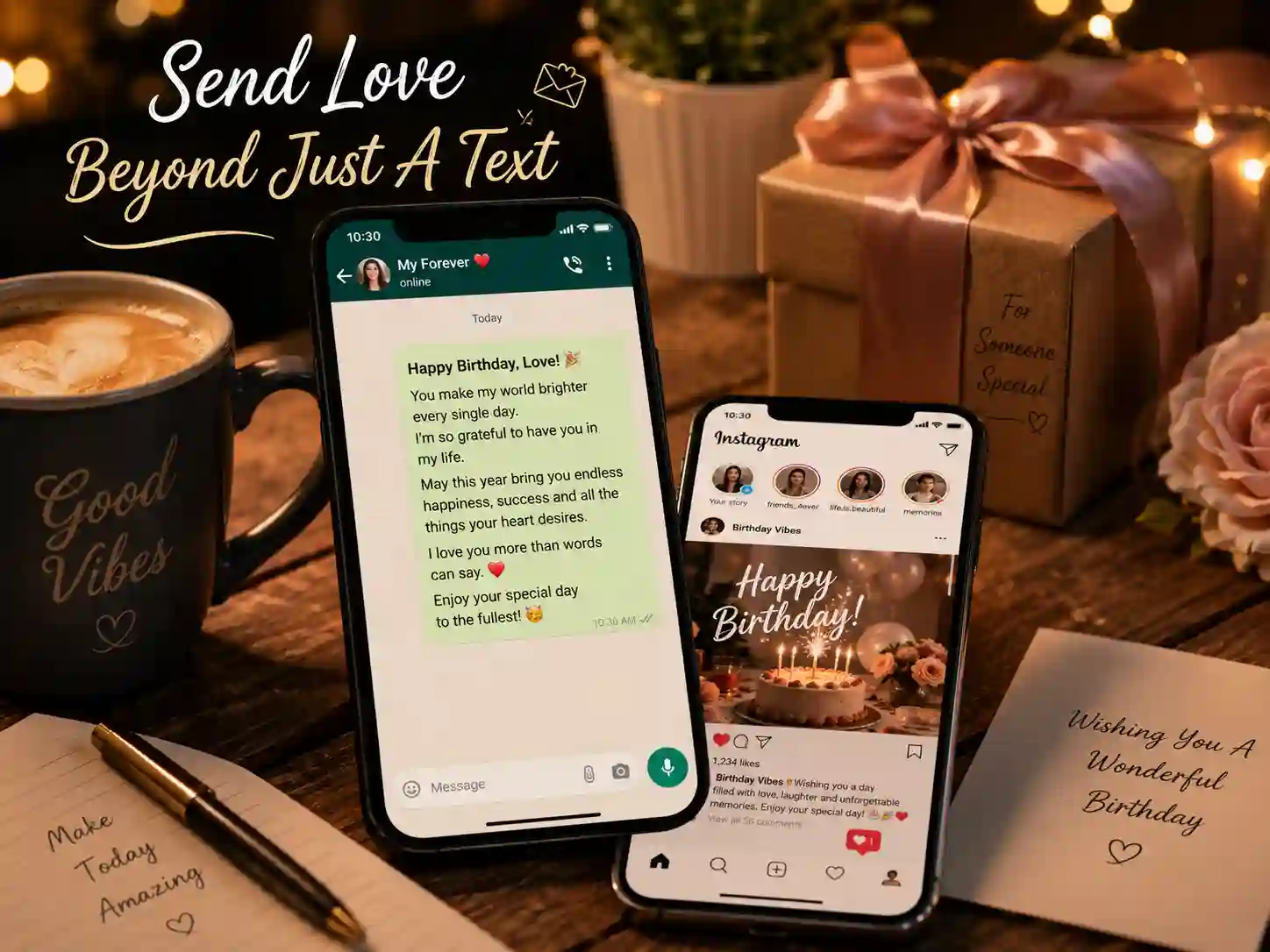 Birthday wishes for WhatsApp cards and social media on smartphone screen
