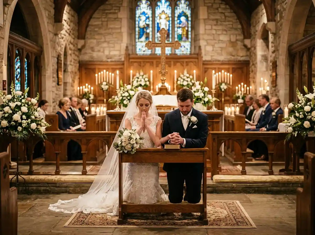 Christian couple praying during wedding ceremony in church