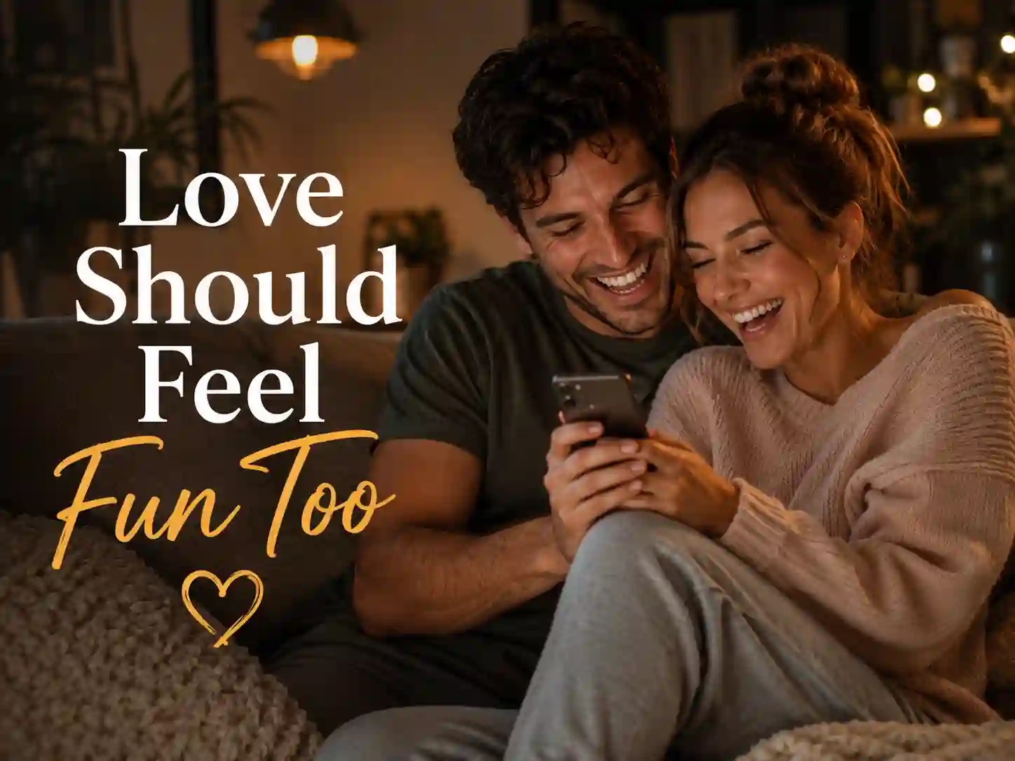 Cute couple laughing together while sharing playful romantic text messages