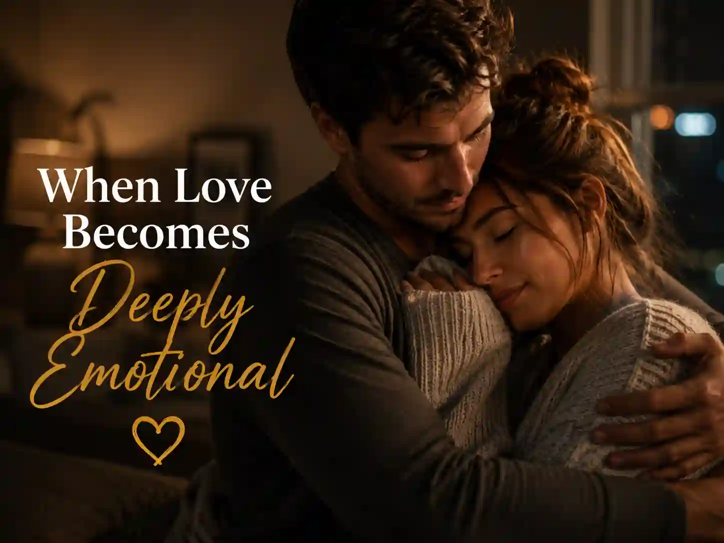 Emotional couple embracing deeply while sharing heartfelt romantic feelings