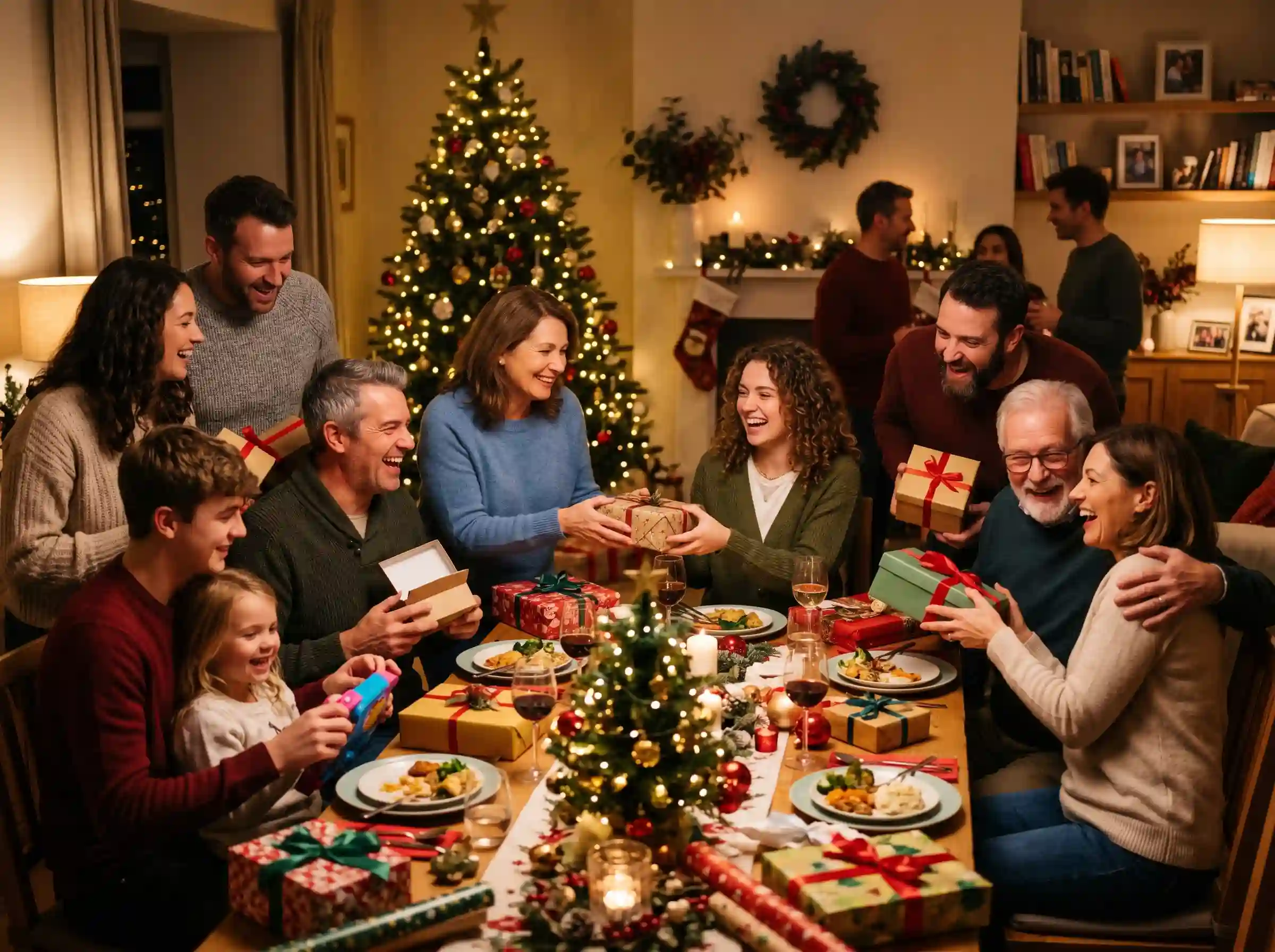 Family sharing thoughtful gifts during a warm celebration