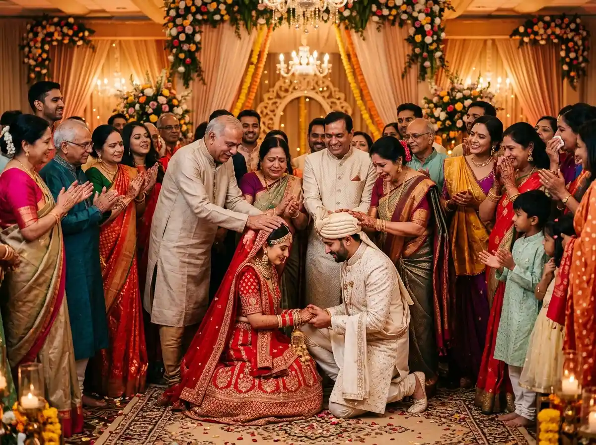 Family blessing bride and groom during wedding ceremony
