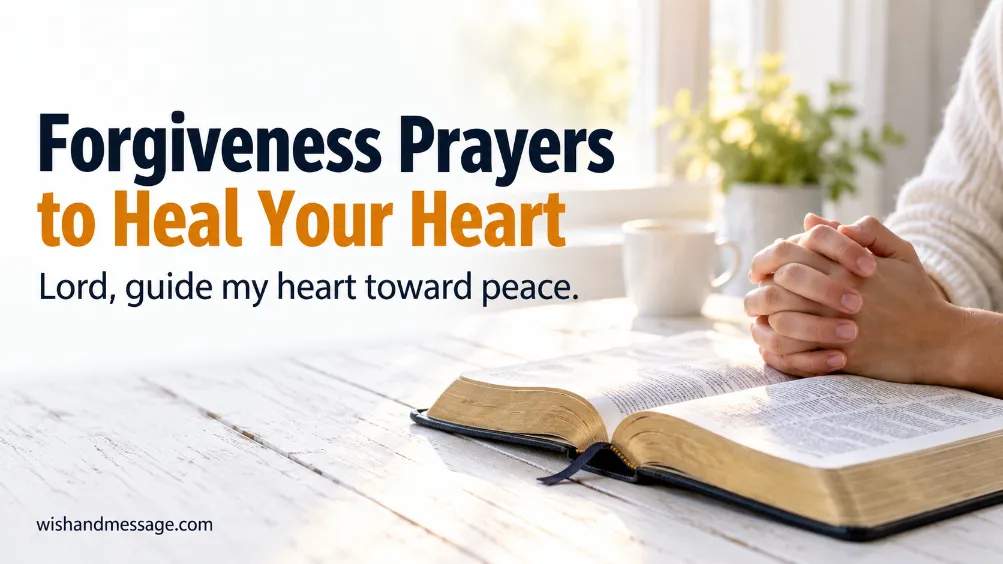 Clasped hands beside an open Bible in morning light, with the words Forgiveness Prayers to Heal Your Heart.