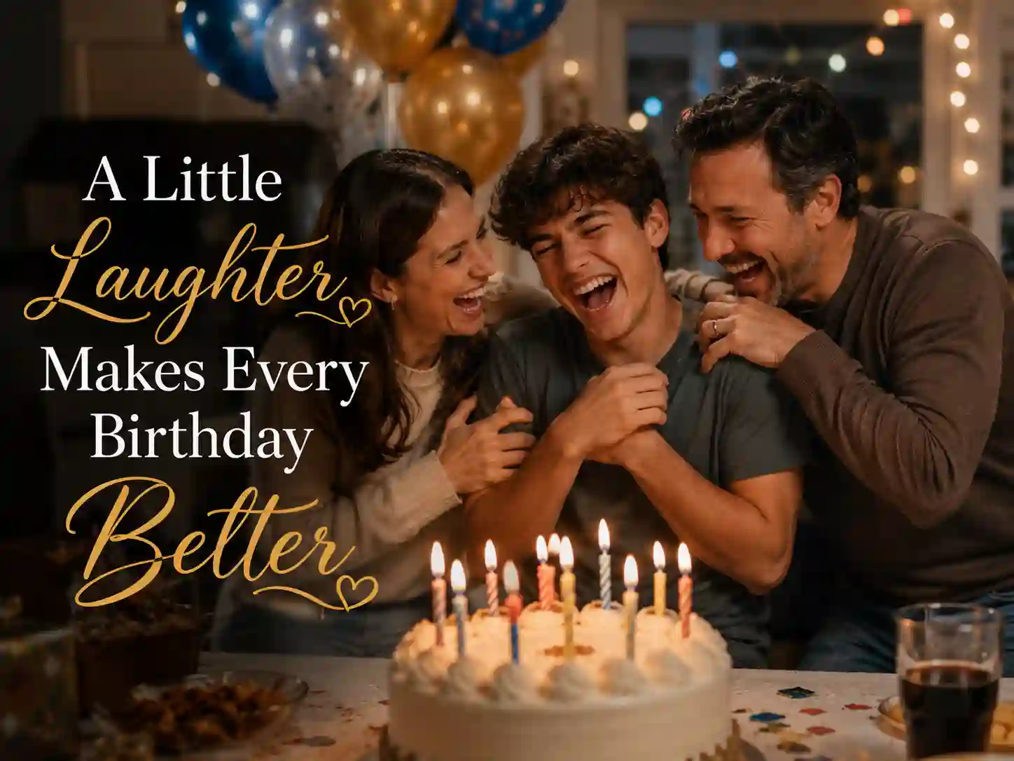 Funny birthday celebration with son laughing while family jokes around birthday cake