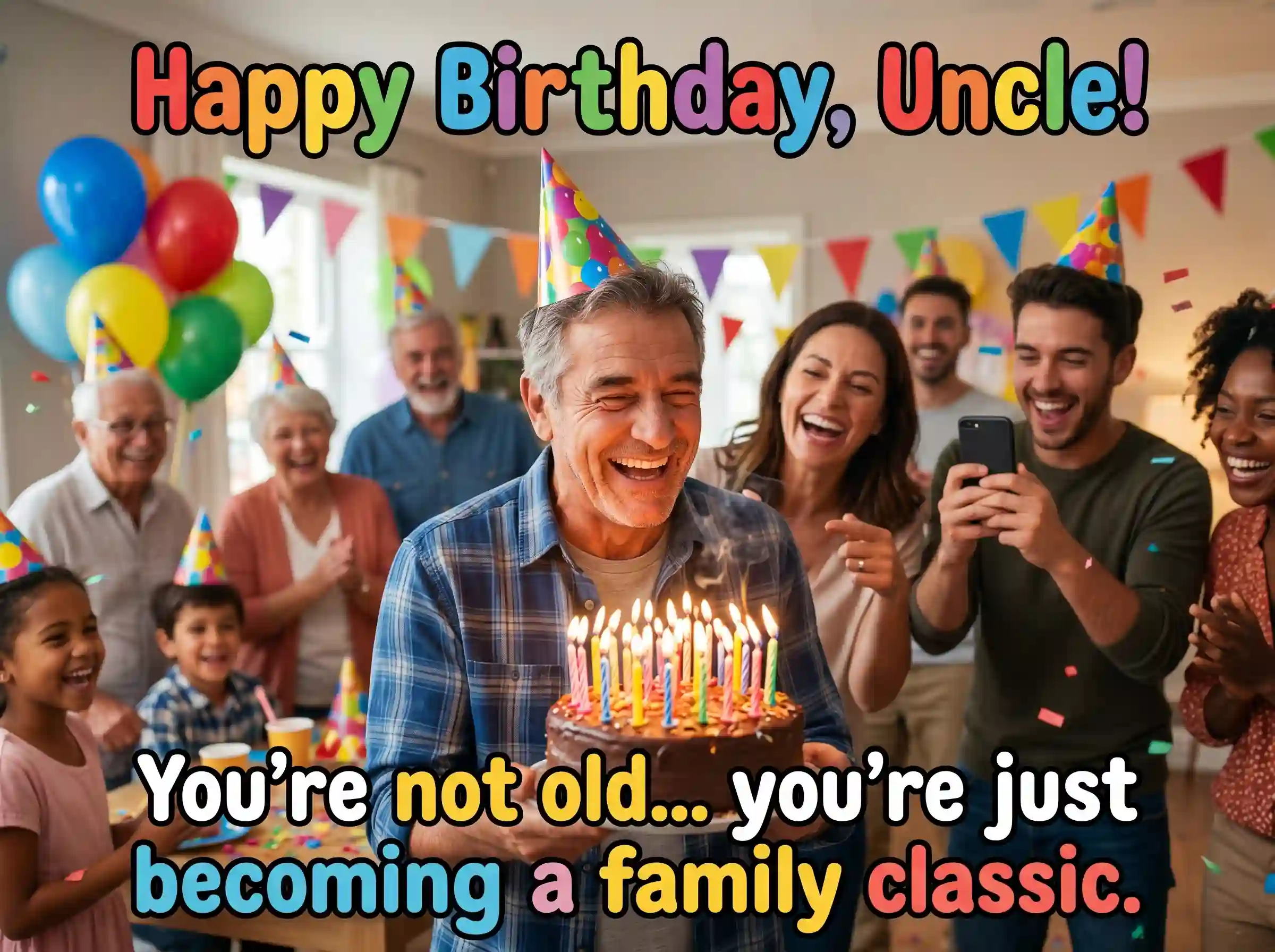 Funny happy birthday wishes for uncle with cake candles and family laughter