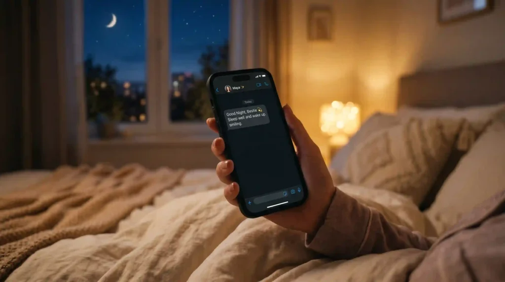 Good night message for a female friend shown on phone screen with cozy night background