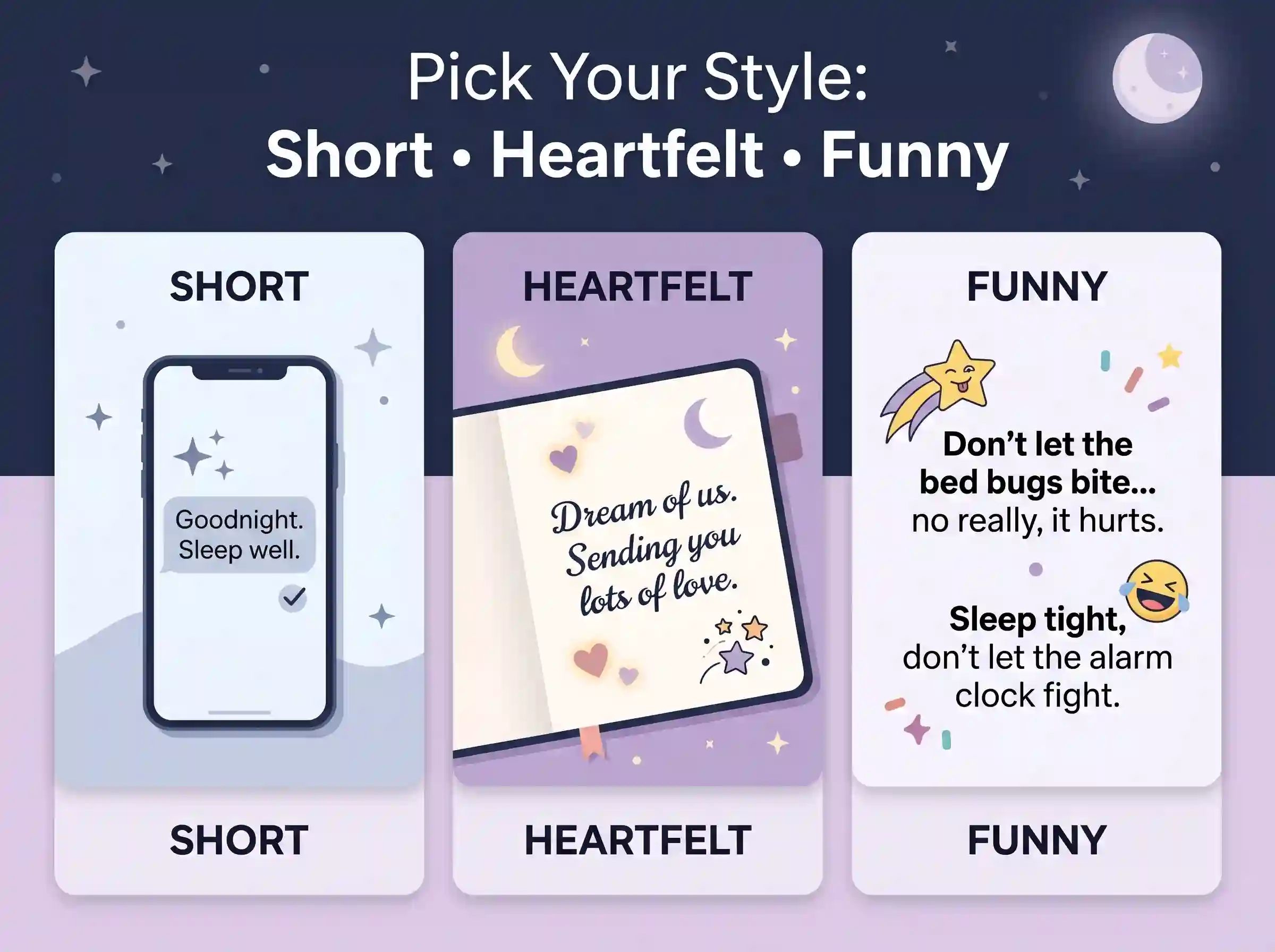 Types of good night messages for female friend including short, heartfelt, and funny examples