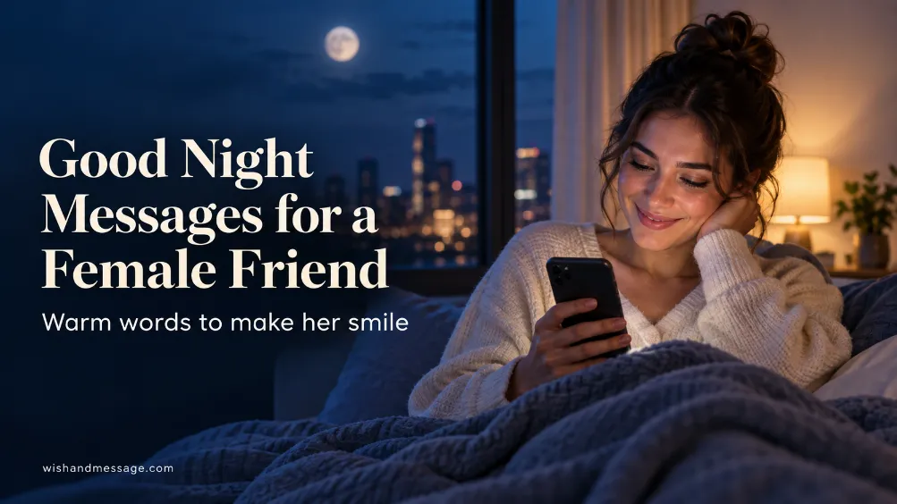 Woman smiling at her phone at night beside text about good night messages for a female friend
