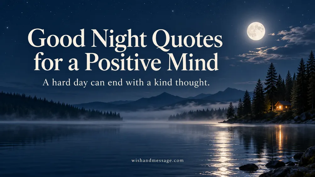 Moonlit lake and pine forest with a warmly lit cabin and the words “A hard day can end with a kind thought.