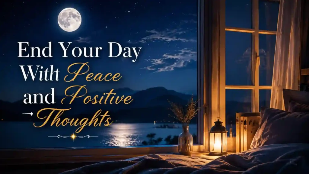 Peaceful moonlit bedroom scene representing good night quotes for a positive mind and calming bedtime thoughts