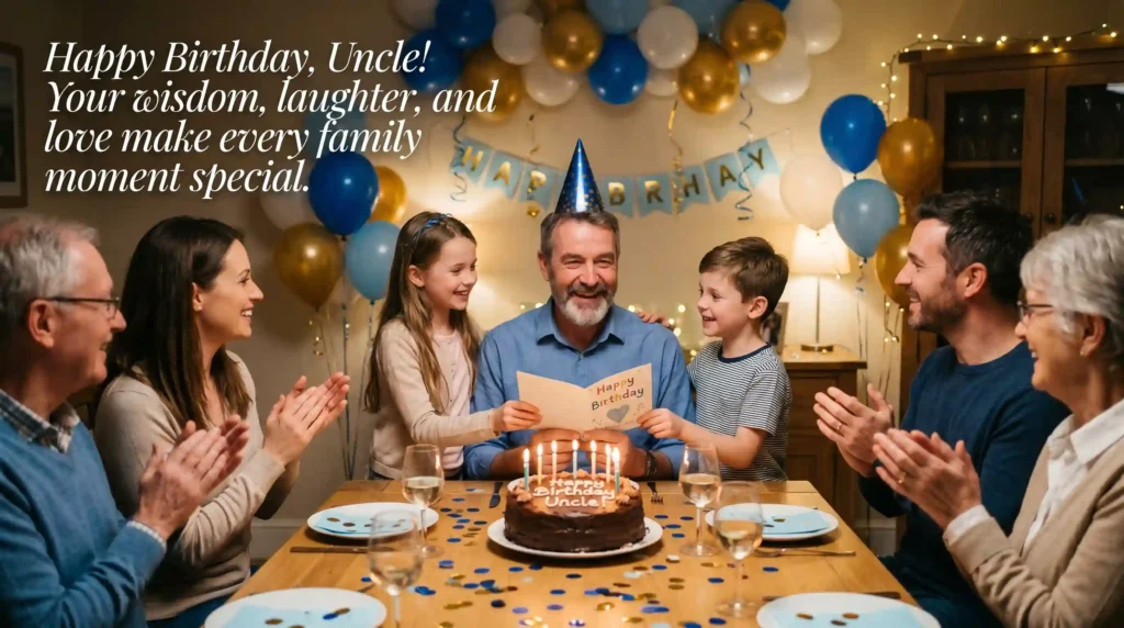 Happy birthday uncle wishes with family celebration and emotional birthday message