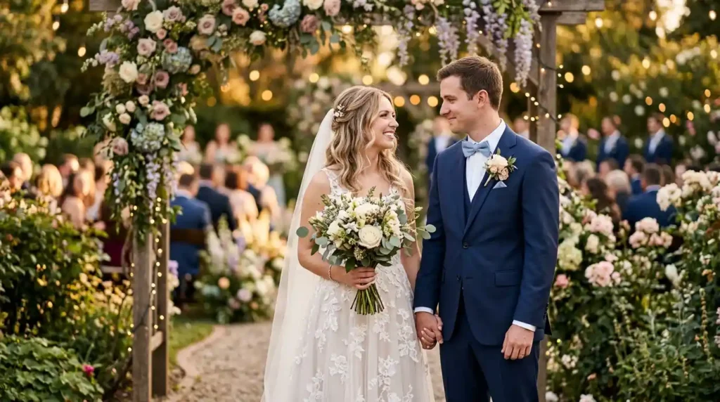 Happy married couple celebrating wedding day with love and happiness