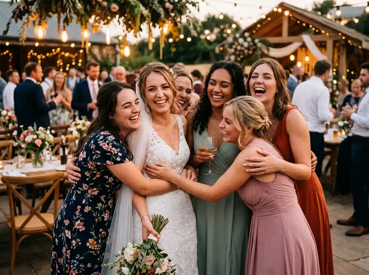 Friends celebrating wedding with joy and emotional moments