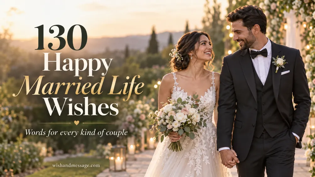 Newlywed couple walking together at a golden hour garden wedding