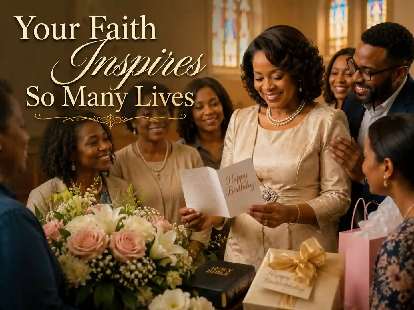 Heartfelt birthday wishes scene for pastor’s wife surrounded by church appreciation