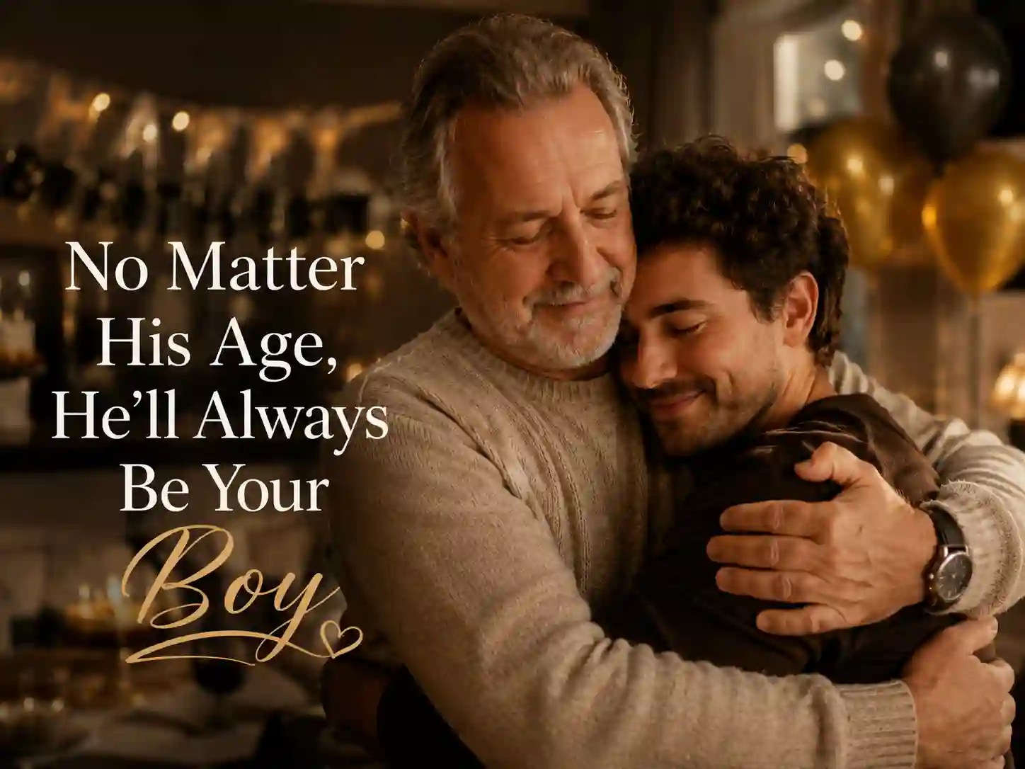 Emotional heartfelt birthday moment between parent and grown son hugging during celebration