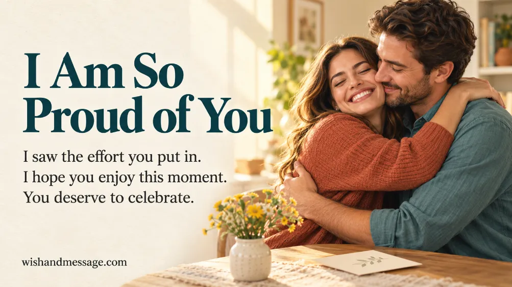 Couple embracing beside flowers with the words “I Am So Proud of You” and a message celebrating their effort.