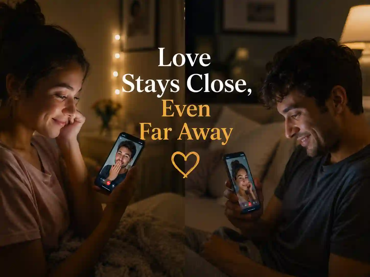 Long-distance couple smiling during romantic video call while sending love messages