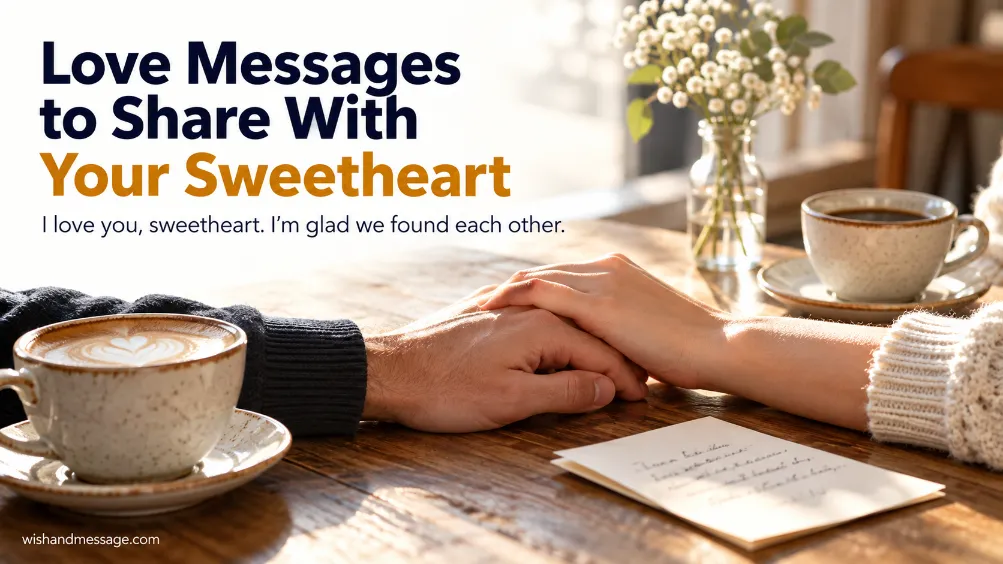 Two partners holding hands at a cafe beside coffee and a love note, with the words Love Messages to Share With Your Sweetheart.