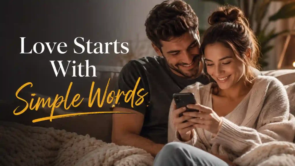 Couple smiling while reading romantic love messages on a phone together in a cozy setting
