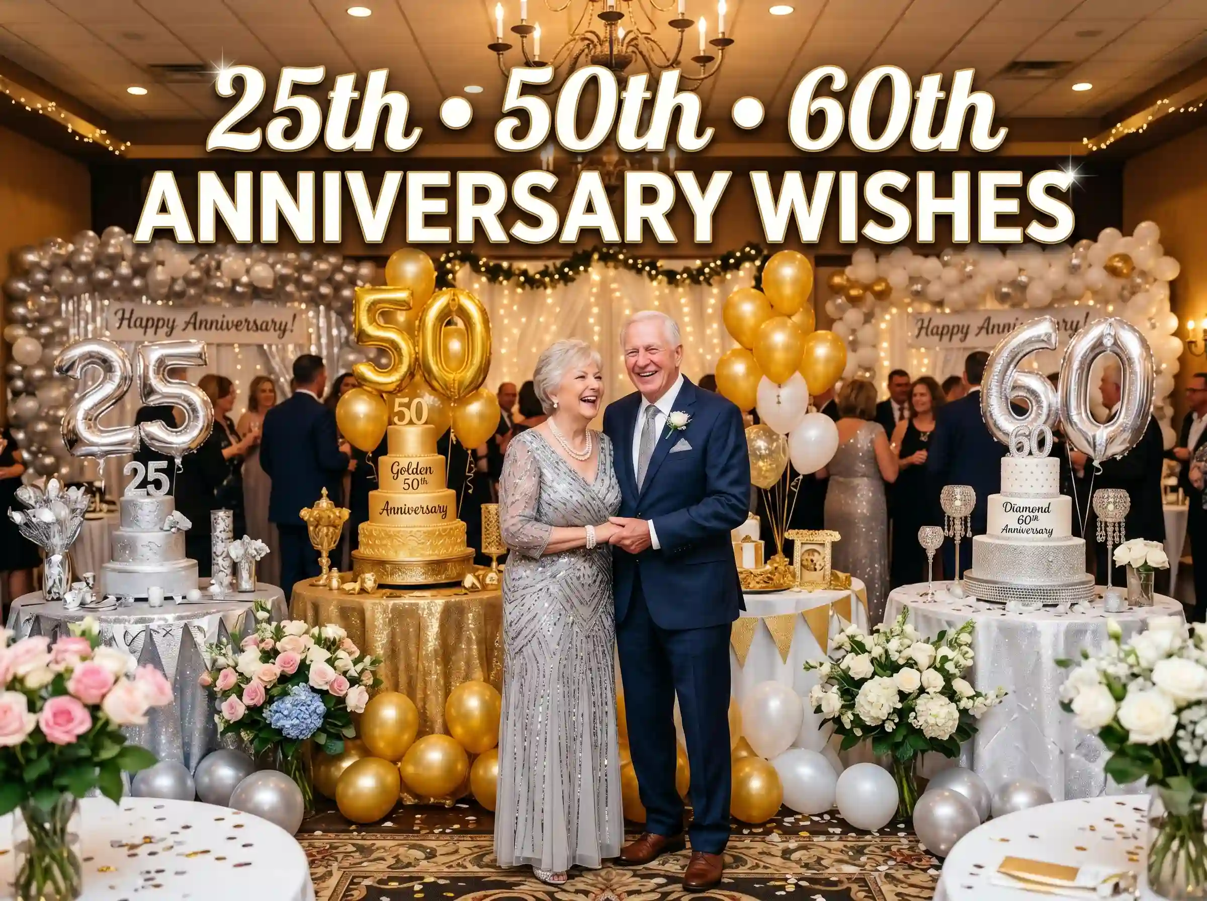 “25th 50th 60th anniversary wishes for parents silver golden diamond celebration”