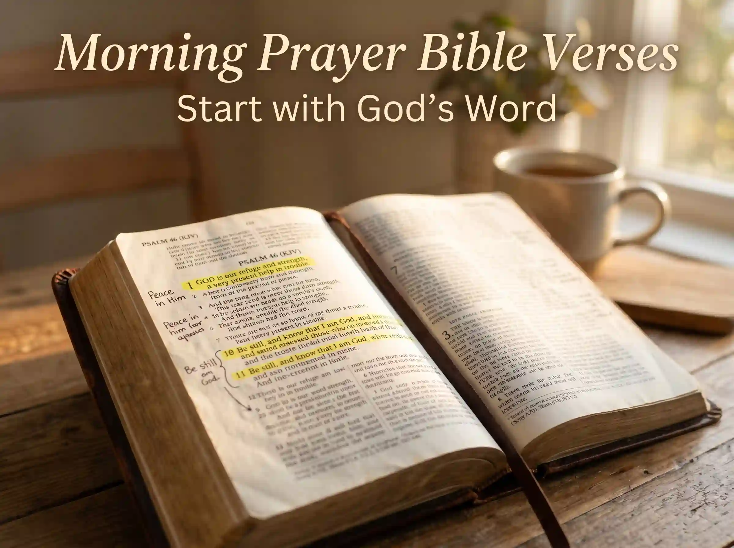 morning prayer bible verses with open Bible and sunlight
