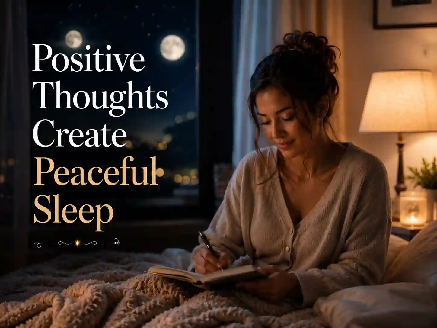 Woman journaling at night to create a peaceful and positive bedtime routine before sleep