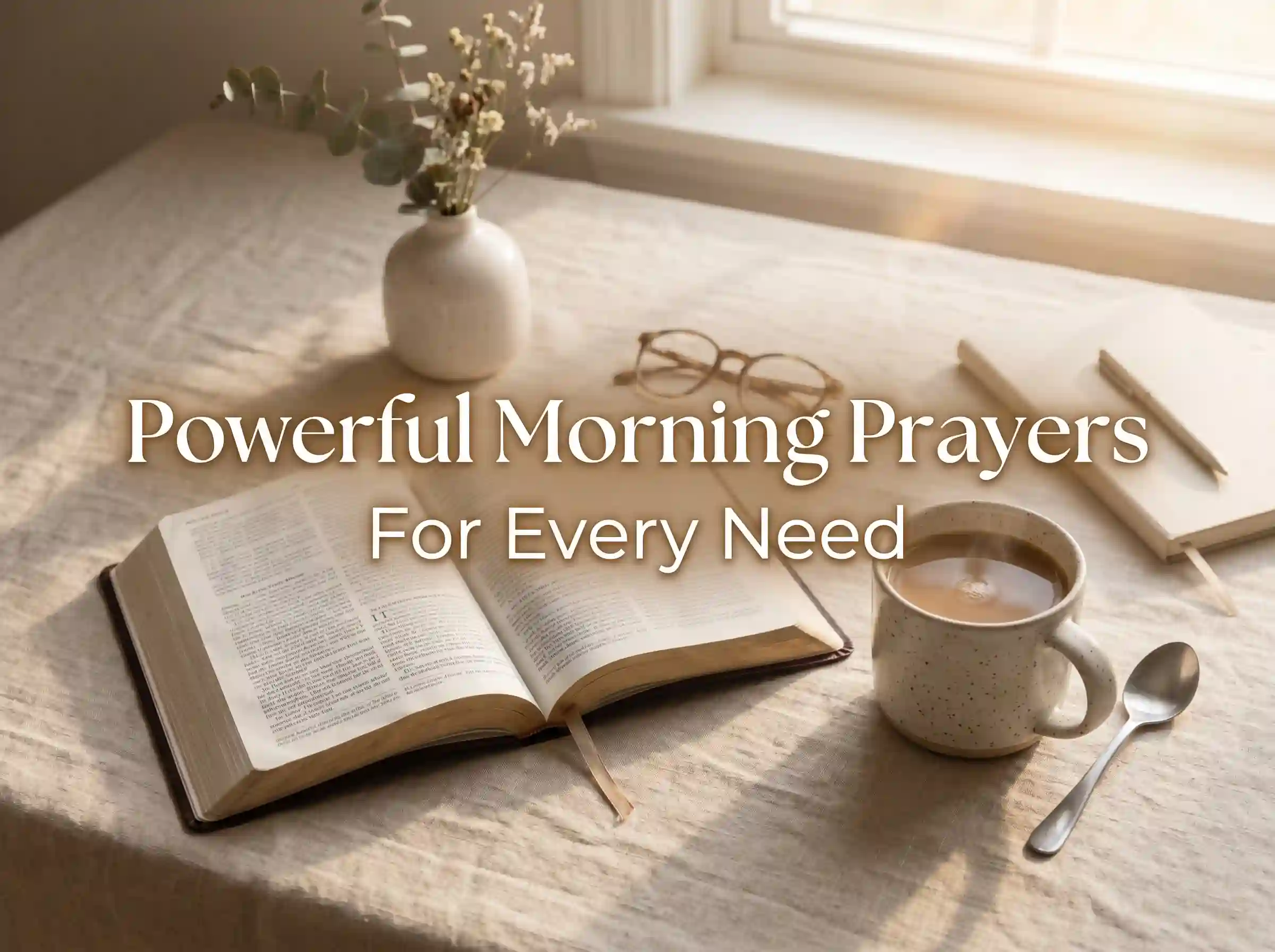 powerful morning prayers for every need with Bible and coffee morning setup
