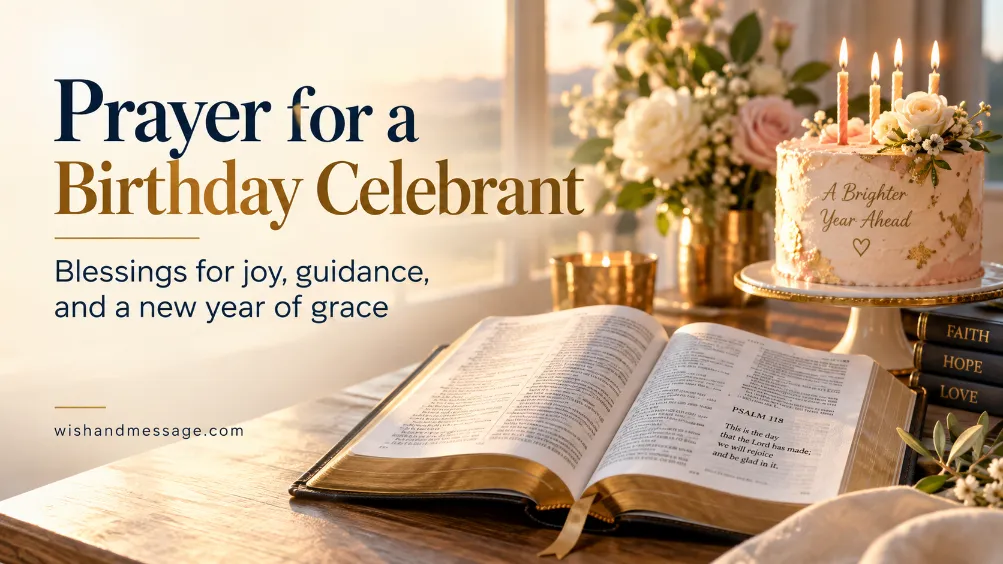 Open Bible beside an elegant birthday cake in warm sunrise light with a prayer for the birthday celebrant