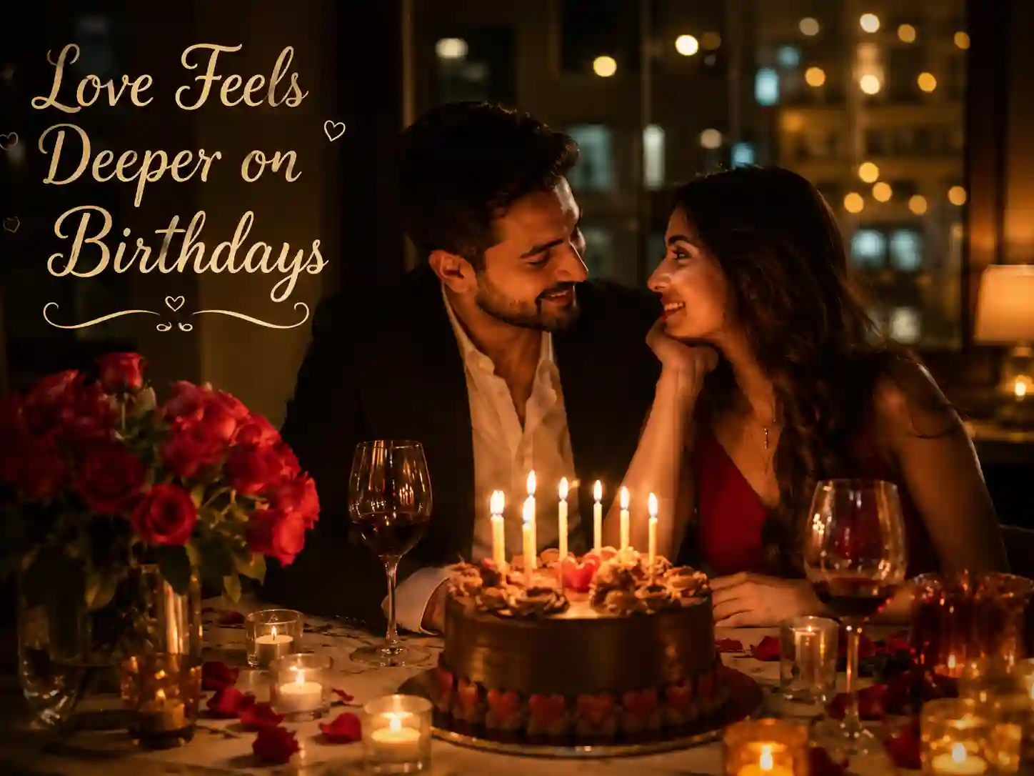 Romantic birthday wishes for partner with couple celebrating birthday together