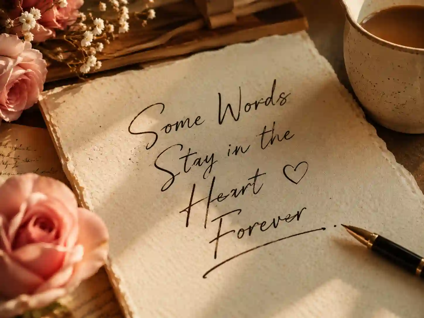 Handwritten romantic love quote on paper beside flowers and coffee